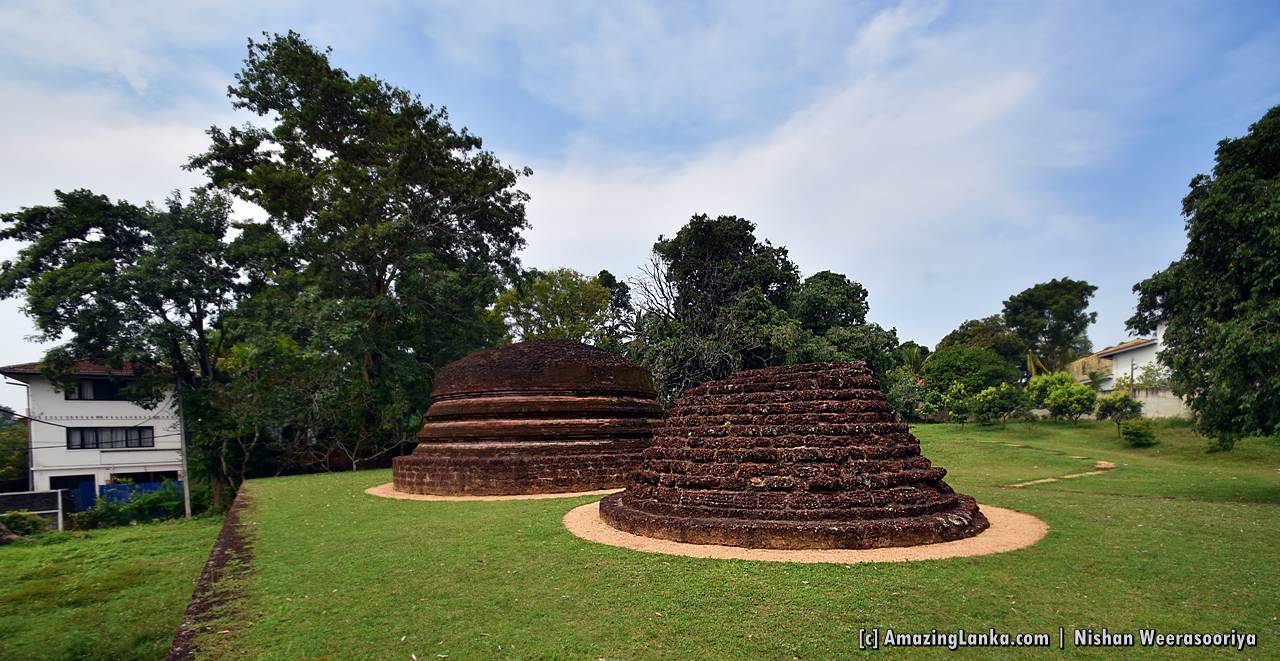 Two conserved stupa mounds at the Beddagana Veherakanda Archaeological Site